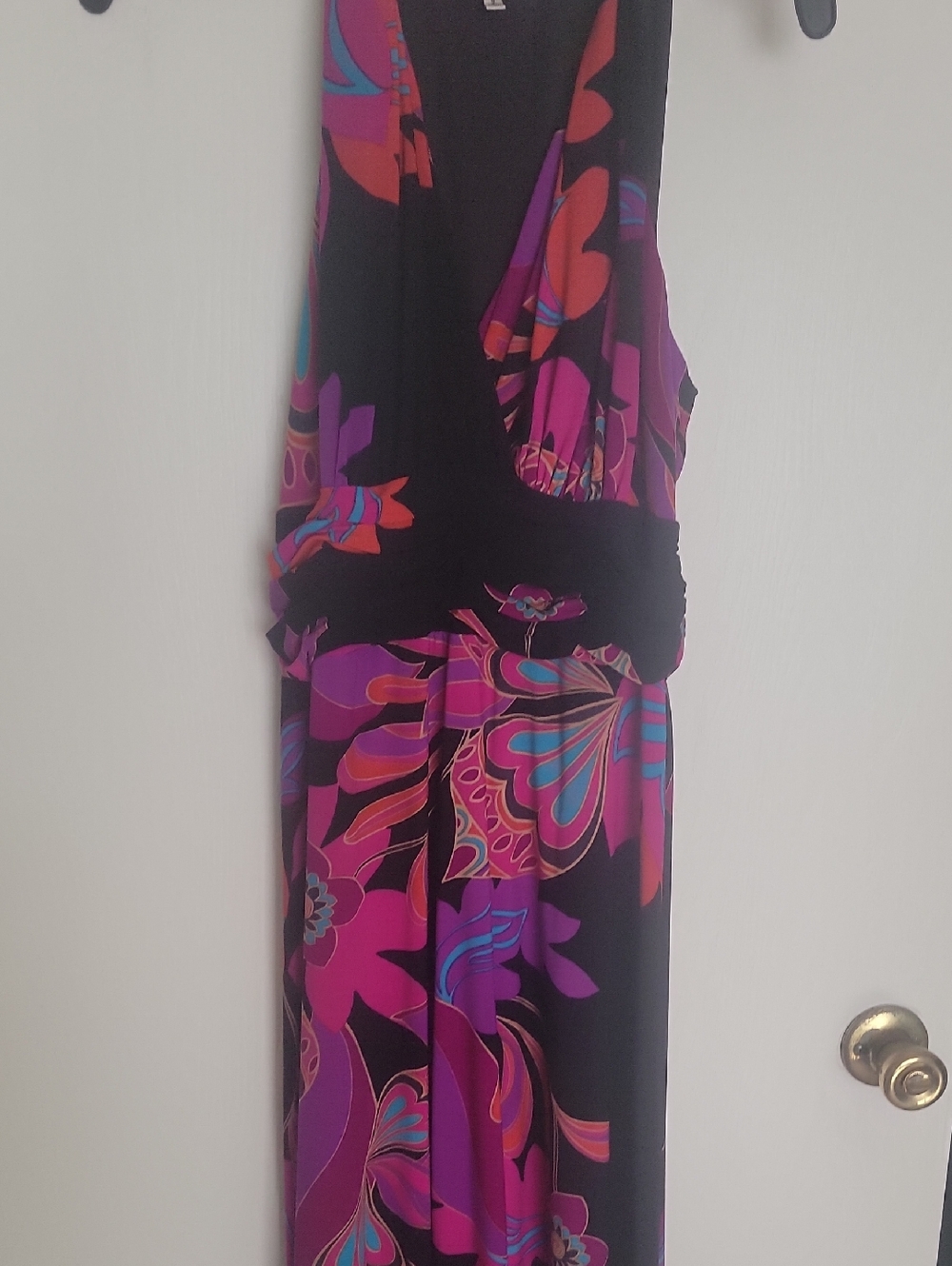 Evan Picone Black Midi Dress with Pink Purple and Blue Floral Print